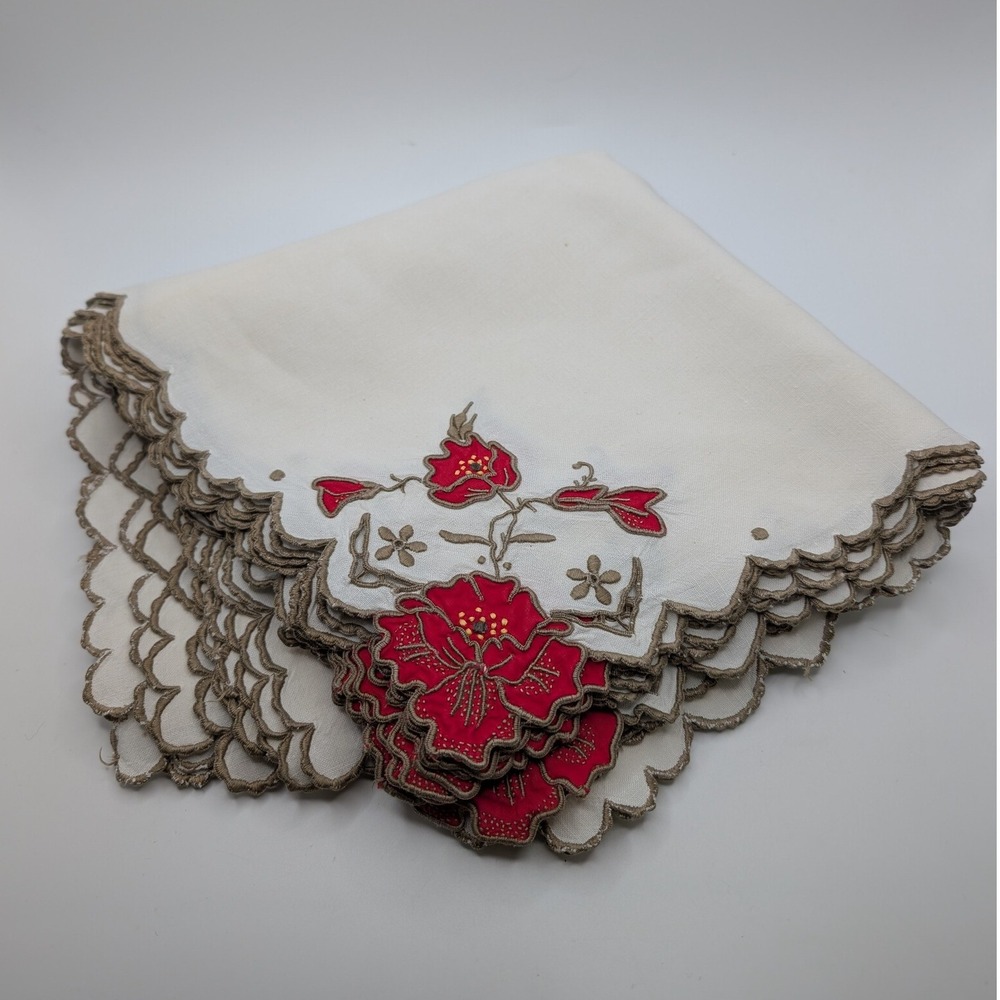 Vtg Madeira Linen Embroidered Napkins Set 12 Red Floral Scalloped Cream 15" READ